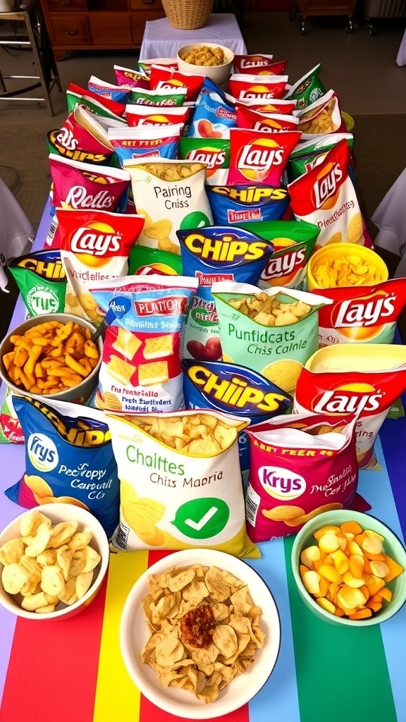 A colorful assortment of creatively decorated chips bags on a table with dips and snacks.